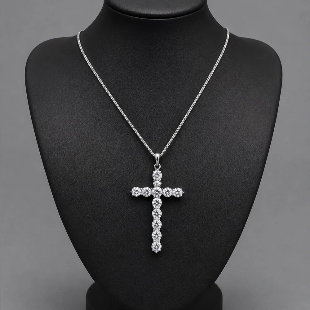 925 Sterling Silver 6.00CT MOISSANITE Cross Pendant Necklace Size 18”